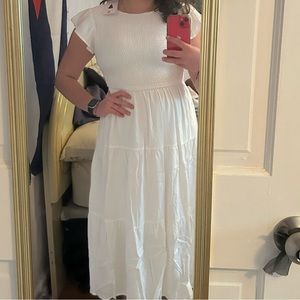 Casual Flutter Short Sleeve Crew Neck Smocked Elastic Waist Tiered Dress